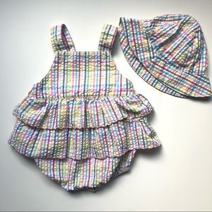 Oshkosh Baby multi check Seersucker Ruffle Overall shorts & Hat - Girls 3-6M